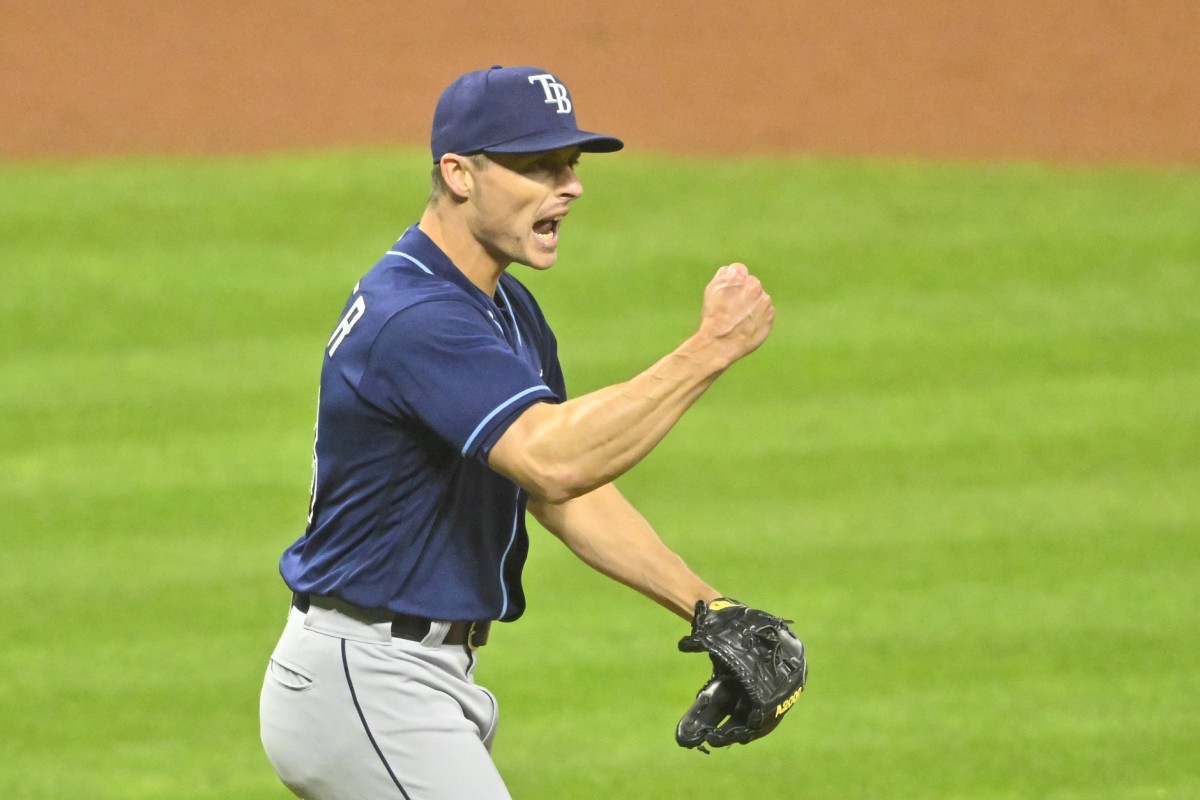 ampa Bay Rays relief pitcher Calvin Faucher (58) celebrates a win over the Cleveland Guardians at Progressive Field. (David Richard-USA TODAY Sports)